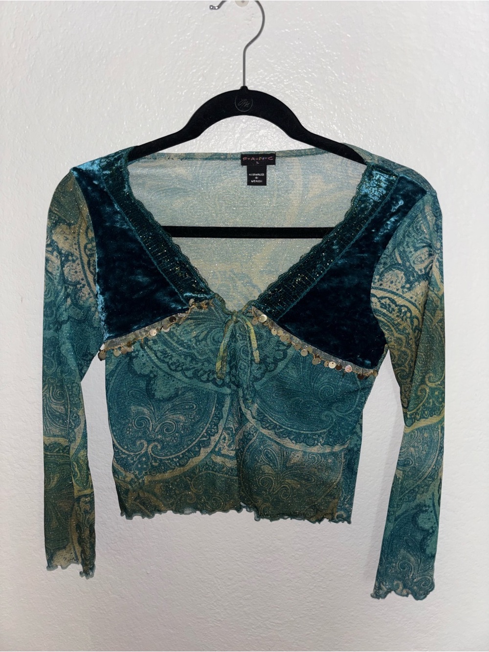Vintage Y2K Teal Velvet Patchwork Paisley Long Sleeve Top with Sequin Trim